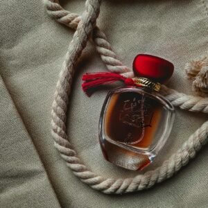 Elegant perfume bottle with red cap placed on nautical rope and textured fabric background.